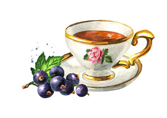 Cup of tea with Black currant. Hand drawn watercolor illustration isolated on white background