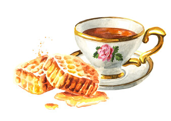 Cup of tea with honey. Hand drawn watercolor illustration isolated on white background