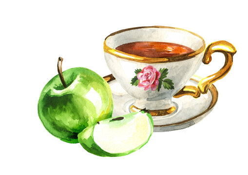 Cup of tea with  green apple. Hand drawn watercolor illustration isolated on white background