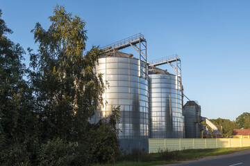 Fototapeta premium Modern Granary elevator with silver silos on agro-processing and manufacturing plant for processing drying cleaning and storage of agricultural products, flour, cereals and grain.