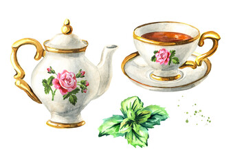 Teapot, cup of tea and mint set. Hand drawn watercolor illustration isolated on white background