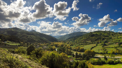 Mountains and cloudy sky with green trees, nature and village landscape.