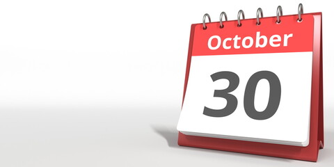 October 30 date on the flip calendar page, 3d rendering