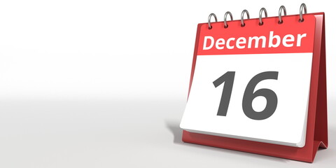 December 16 date on the flip calendar page, 3d rendering