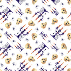 Pattern with candlesticks and spiders, skulls for halloween. Candlestick with three burning candles, a spider and a cobweb on white background. watercolor illustration.