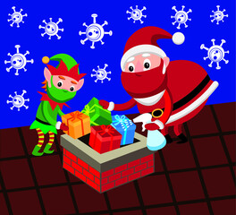santa claus and elf wearing face masks while putting christmas presents down the chimney