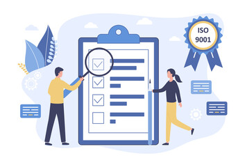 Vector quality control concept. Business people confirm and certify a quality product in accordance with ISO 9001. Stamp approval management production service. Flat illustration on white background - 379010685