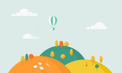 Natural autumn landscape. Cartoon landscape with trees, hills and fields. Cute flat design.