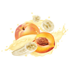 Peaches and bananas in splashes of yogurt or milkshake.