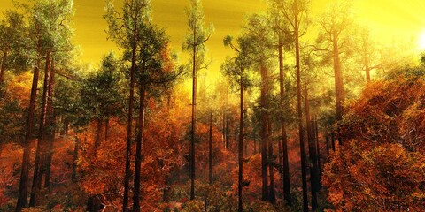 Autumn forest in the morning in a fog in the sun, trees in a haze of light, glowing fog among the trees, 3D rendering