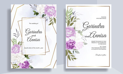 Elegant wedding invitation card template set with beautiful floral and leaves template Premium Vector