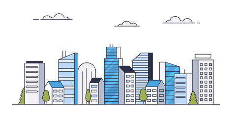 Obraz premium Vector city skyline. Landscape town. Set of stroke buildings