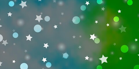 Light Blue, Green vector template with circles, stars. Abstract illustration with colorful spots, stars. Pattern for design of fabric, wallpapers.