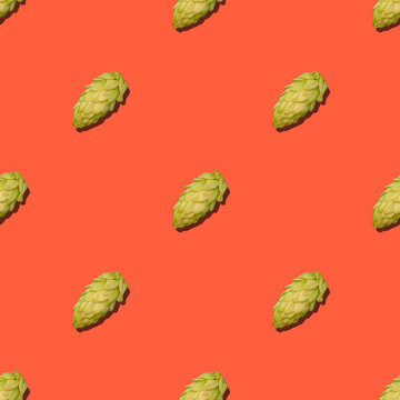 hop cones on a red background seamless pattern