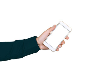 Isolate, Smartphone mockup, holding a man in a shirt. On a white background.