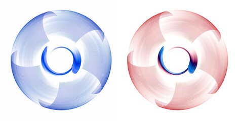 Red and blue abstract fans with identical blades isolated on white background. Set of two propellers. Graphic design element. 3d rendering. 3d illustration. Technical symbol, icon or logo.