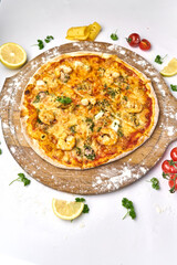 Seafood Italian pizza with mussels, prawn, mozzarella cheese and mushrooms
