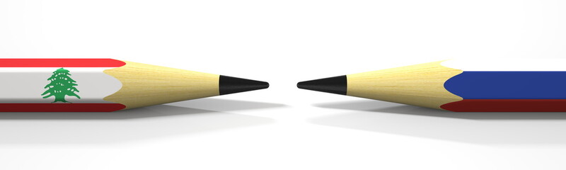 Opposing pencils with flags of Lebanon and Russia. Conflict concept, 3d rendering