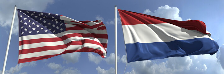 Waving flags of the USA and the Netherlands on flagpoles, 3d rendering