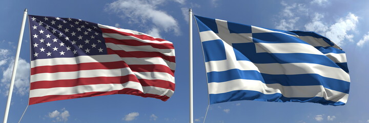 Waving flags of the United States and Greece on flagpoles, 3d rendering