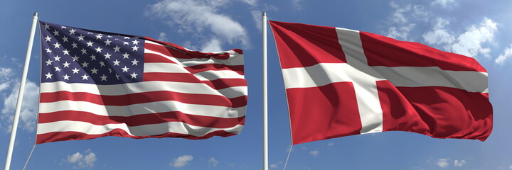 National flags of the United States and Denmark, 3d rendering