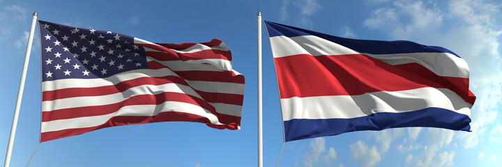 Flying flags of the USA and Costa Rica on sky background, 3d rendering