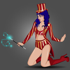 Girl illusionist with a magic wand. Vector art