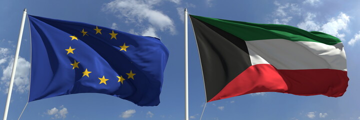 Waving flags of the European Union and Kuwait on flagpoles, 3d rendering