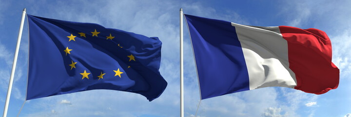 Flying flags of the European Union and France on sky background, 3d rendering