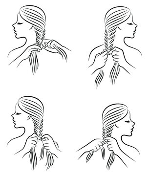 Collection. Silhouette profile of the head of a lovely lady. The girl braids her long hair in braids with her hands. Vector illustration set.