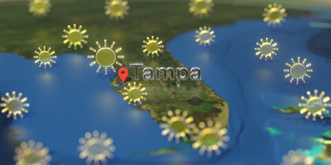 Tampa city and sunny weather icon on the map, weather forecast related 3D rendering