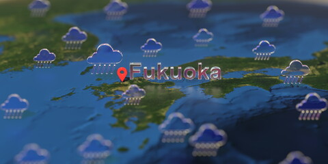 Rainy weather icons near Fukuoka city on the map, weather forecast related 3D rendering