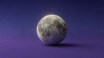 3D render of the moon on a dark background.