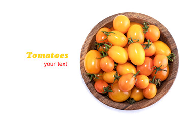 Red and yellow cherry tomatoes isolated on white background. Top view food background. Place for text