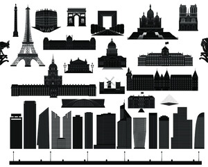 Famous architecture silhouettes set, vector. Paris landmarks black and white icons.