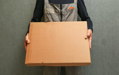 loader holding a cardboard box. a delivery service employee holds a package