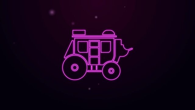 Glowing neon line Western stagecoach icon isolated on purple background. 4K Video motion graphic animation.