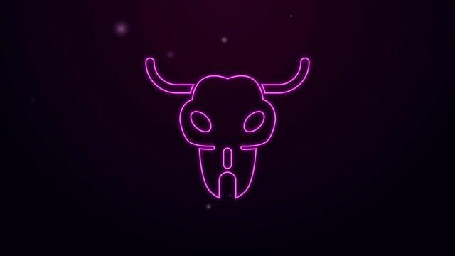 Glowing neon line Buffalo skull icon isolated on purple background. 4K Video motion graphic animation.