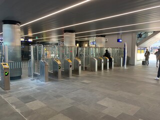 Automatic doors at the entrance to the Tilburg train station. Tilburg, North Brabant / Netherlands 