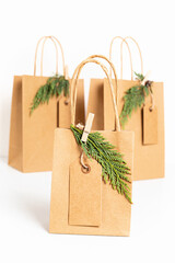 Mockup with craft paper bag. Template for small business branding, gifts, presents. Copy space