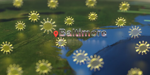 Baltimore city and sunny weather icon on the map, weather forecast related 3D rendering
