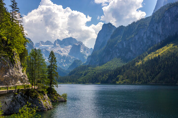 sunny day at the Vorderer Gosausee lake in the Austrian Alps