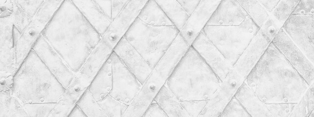 Texture of old forged metal closeup, banner. White horizontal background