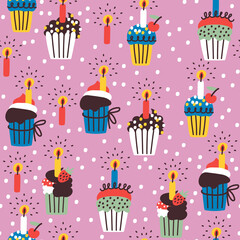 Seamless pattern with birthday cupcakes on pink background. Abstract background. Great for fabric, textile, wrapping paper. Vector Illustration.