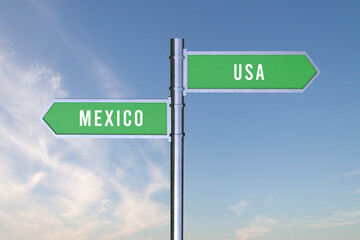 Sign indicating the direction of the borders between two countries Mexico,Usa, 3d render.