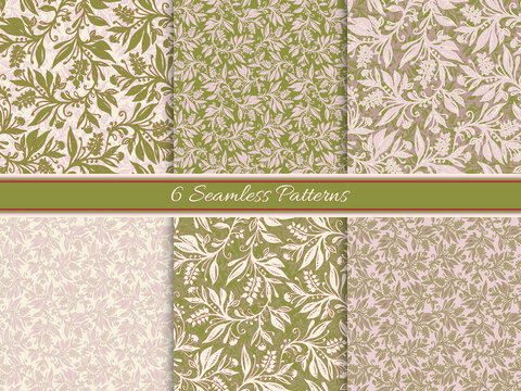 6 Floral seamless patterns with leaves and berries in discreet green-pink palette