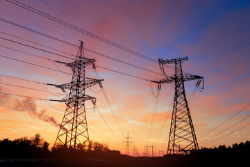 industrial power line / bright photo against the backdrop of a sunset ned