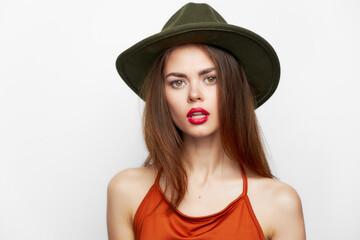 Woman with hat red lips Sensual look glamor cropped look 