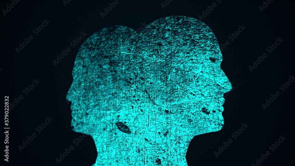Poster composition of heads with grunge textures, computer generated. 3d rendering of abstract backdrop