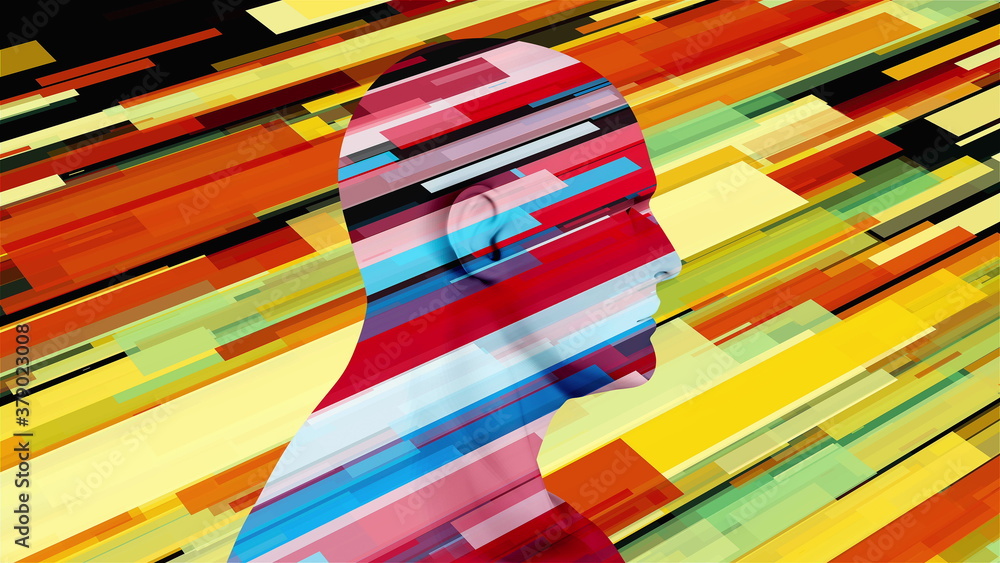 Poster computer generated human profile with colored stripes. 3d rendering of man silhouette and futuristic